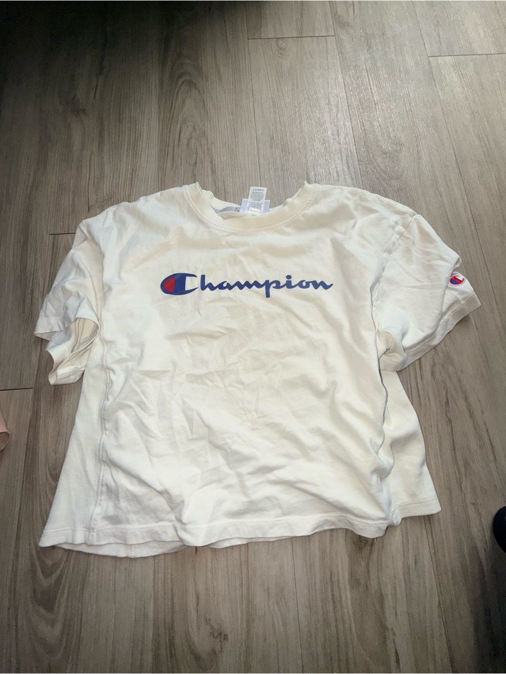 Champion White Crewneck Tee with Blue & Red Logo - Kids